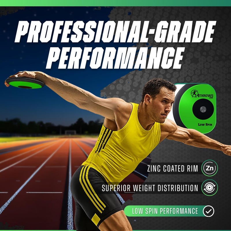 4THROWS Store Low Spin Competition Discus for Track & Field, High School, College, Men & Women — 70% Rim Weight, IAAF World Athletics Certified with Free Carry Bag, Neon Green and Black - Image 2